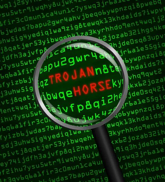 Magnifying glass finds trojan horse in computer code — Stock Photo, Image