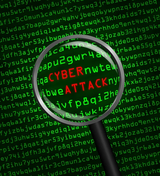 Cyber Attack revealed in computer machine code through a magnify — Stock Photo, Image