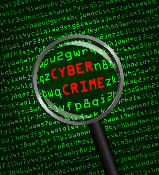 Cyber Crime revealed in computer machine code through a magnifyi — Stock Photo, Image