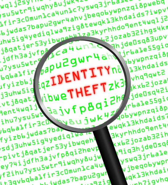 Identity Theft revealed in computer code through a magnifying gl — Stock Photo, Image