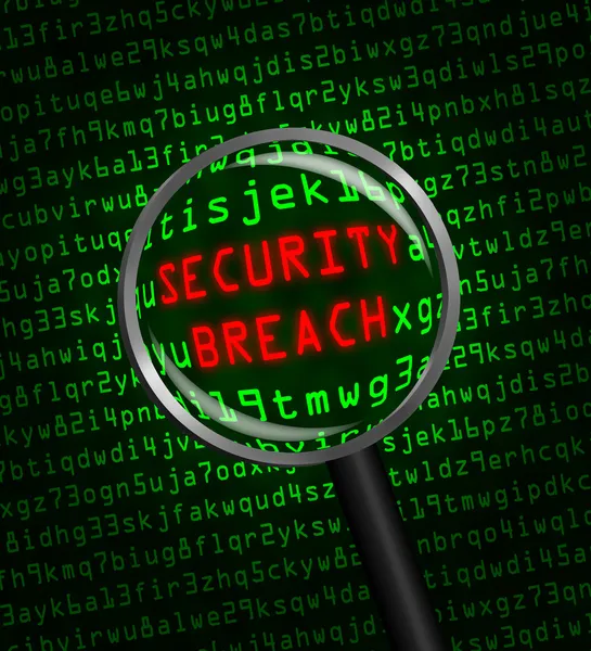 Red "SECURITY BREACH" revealed in green computer code through a — Stock Photo, Image