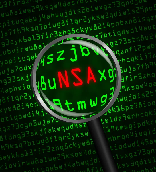 NSA w kod komputera przez szkło powiększające — Zdjęcie stockowe