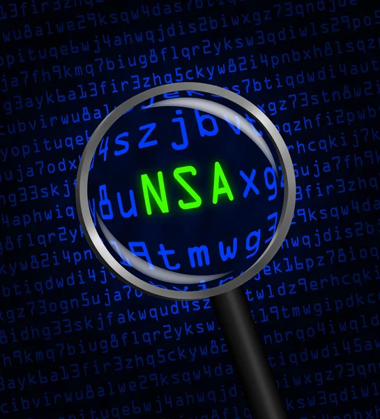 NSA revealed in computer code through a magnifying glass — Stock Photo, Image