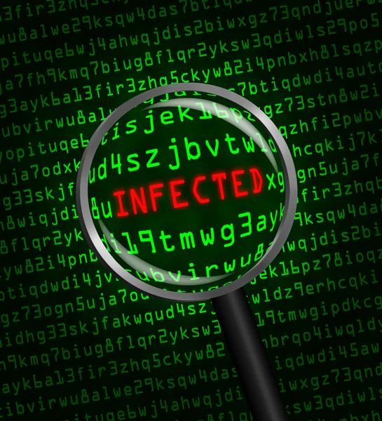 INFECTED revealed in computer code through a magnifying glass — Stock Photo, Image