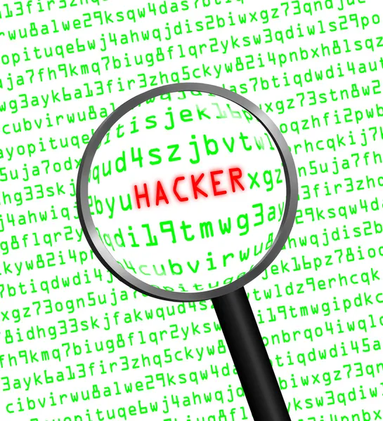 "HACKER" revealed in computer code through a magnifying glass — Stock Photo, Image