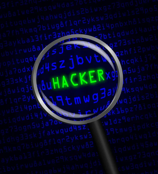 "HACKER" revealed in computer code through a magnifying glass — Stock Photo, Image