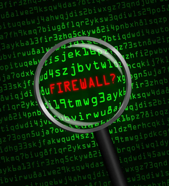 "Firewall? "onthuld in computercode door middel van een vergrootglas — Stockfoto