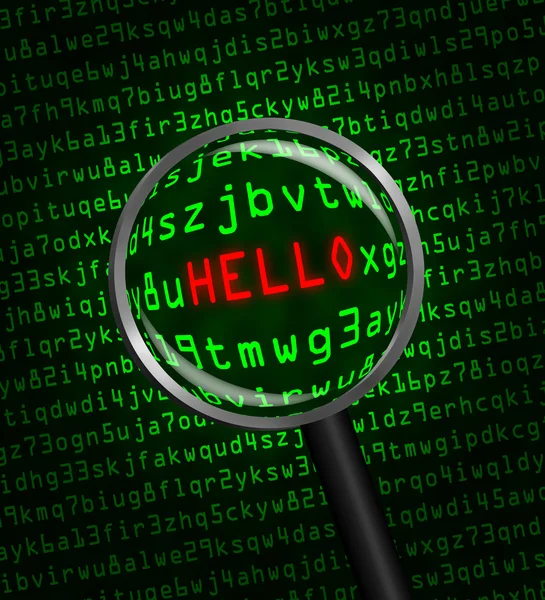 "HELLO" revealed in computer code through a magnifying glass — Stock Photo, Image