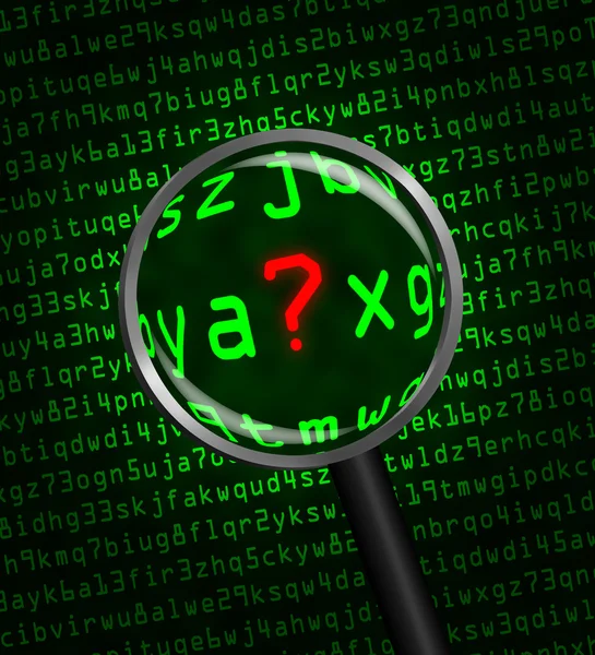 Question Mark revealed in computer code through a magnifying gla — Stock Photo, Image