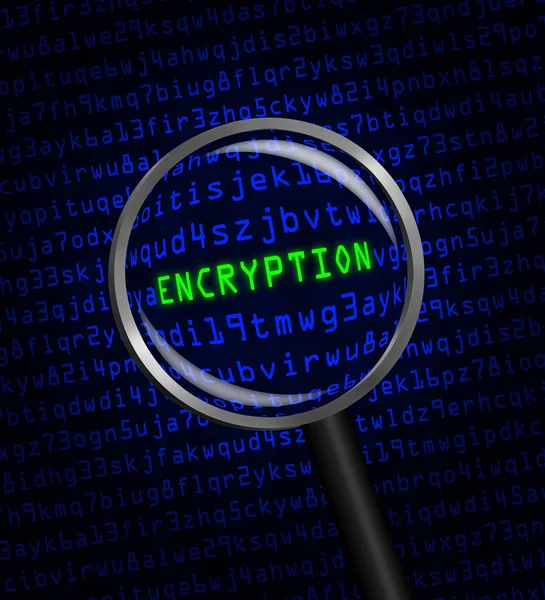 "ENCRYPTION "révélé dans le code informatique à travers un verre grossissant — Photo