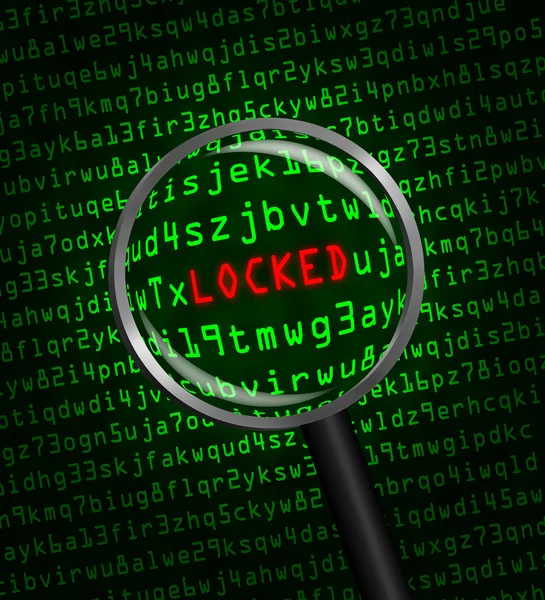 The word "LOCKED" revealed in computer code through a magnifying — Stock Photo, Image