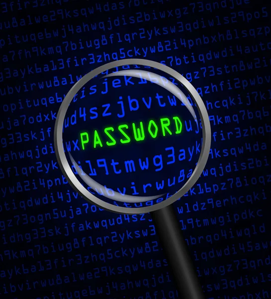 PASSWORD rivelato in codice informatico attraverso una lente di ingrandimento — Foto Stock