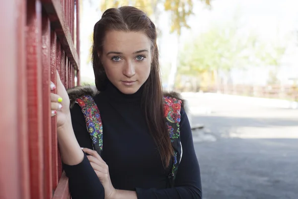 Portrait on a background of red fire shield — Stock Photo, Image