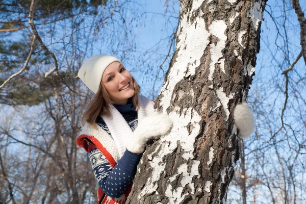 Girl in winter forest of birch — Stock Photo, Image