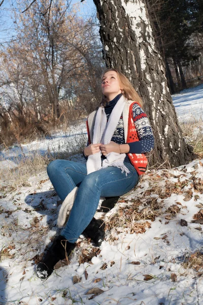 Girl sitting under a birch tree in a winter forest — Stock Photo, Image