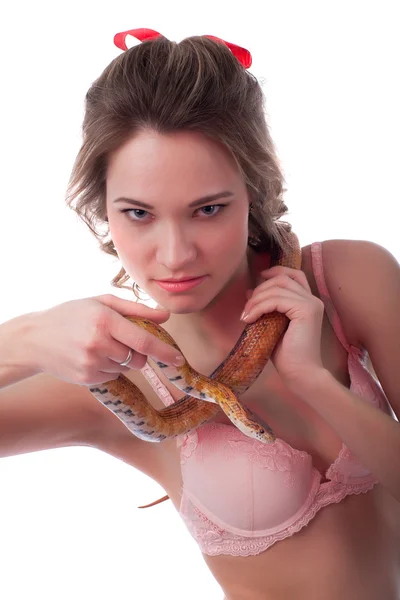 Girl holding a snake — Stock Photo, Image