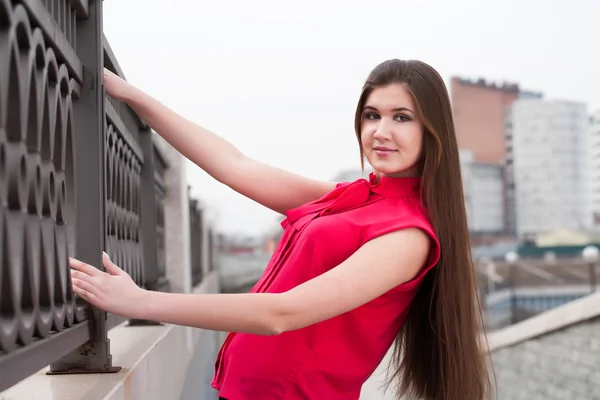 Portrait of a model with long hair in the metal fencing — Stock Photo, Image