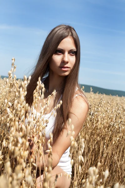 Una joven en un campo de cebada. retrato de verano —  Fotos de Stock