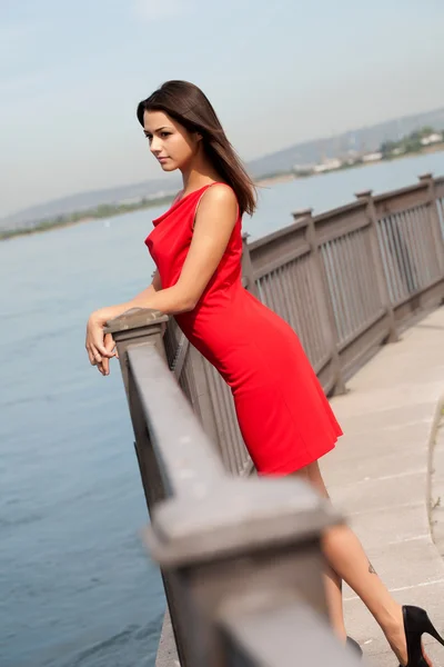 Girl in the red dress standing at the metal fence — Stock Photo, Image