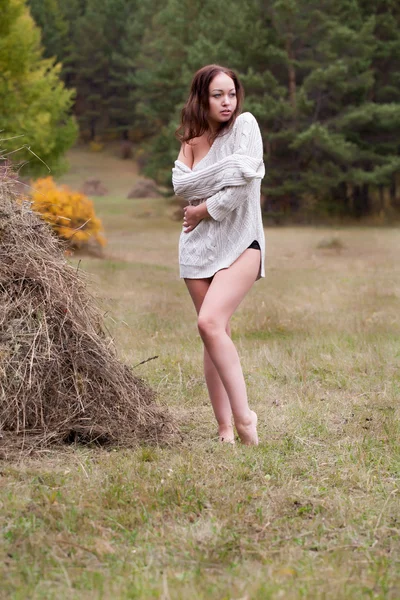 Chica joven en el bosque cerca de un pajar — Foto de Stock
