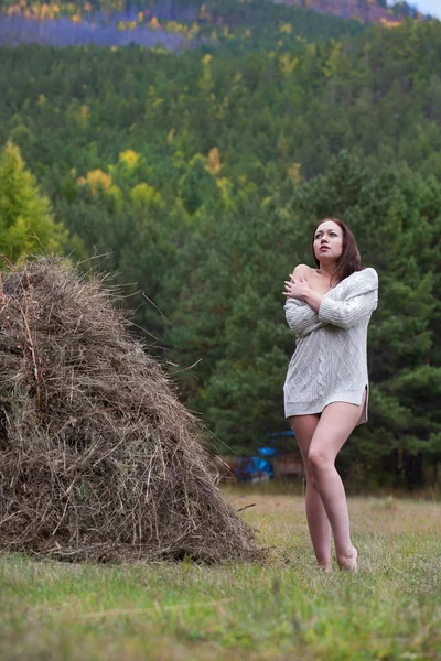 Chica joven en el bosque cerca de un pajar — Foto de Stock