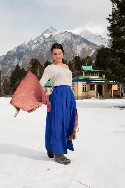 Girl in a long skirt and boots — Stock Photo, Image