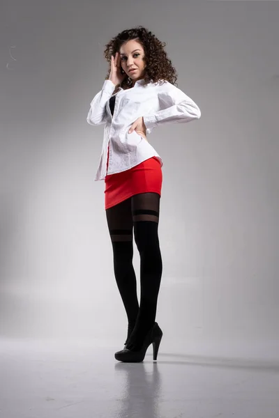 Slender Young Girl White Shirt Red Skirt Studio Portrait — Stock Photo, Image