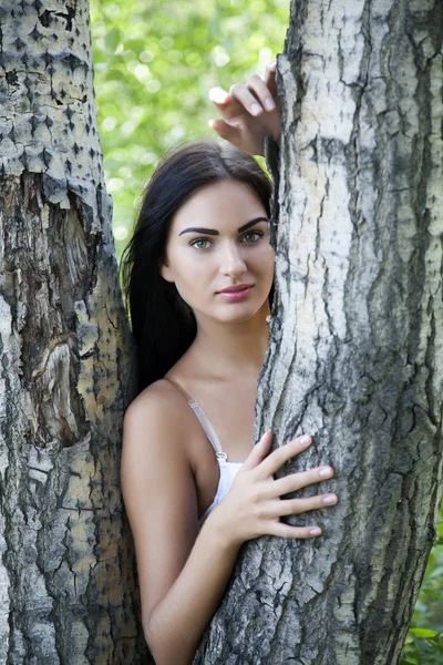 Загорелая девушка прислонилась к стволу дерева — стоковое фото