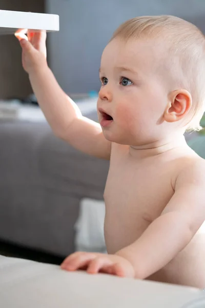 Little Boy Diapers Plays Children Room — 스톡 사진