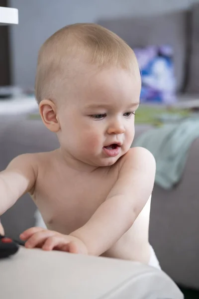 Little Boy Diapers Plays Children Room — Stok fotoğraf