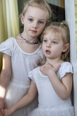 Two sisters in white ball gowns