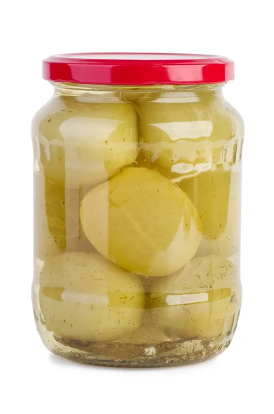 Glass jar with marinated green tomato — Stock Photo, Image