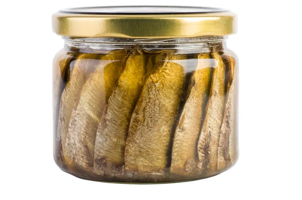 Sardines with oil conserved in glass jar — Stock Photo, Image
