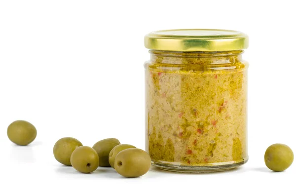 Glasburk med oliv sprida — Stockfoto