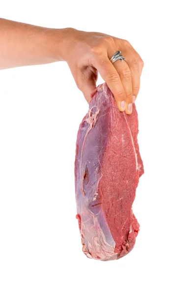 Hand hold raw veal slab — Stock Photo, Image