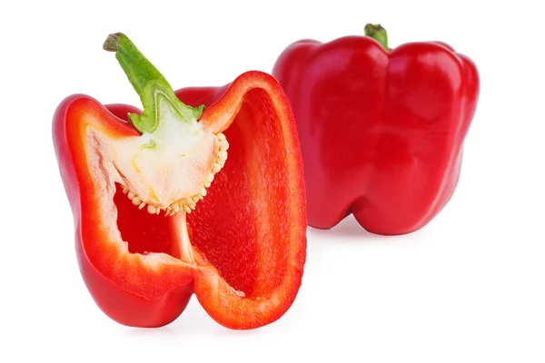 Hela Och Hälften Röd Paprika Isolerad Den Vita Bakgrunden — Stockfoto