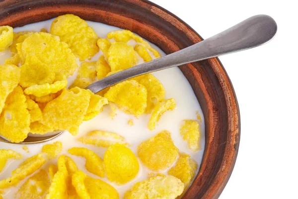 Ceramic Bowl Filled Corn Flakes Milk White Background — Stock Photo, Image