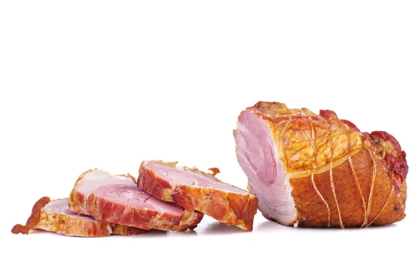Stück Und Scheiben Hausgemaded Schweinefleisch Schinken Isoliert Auf Weißem Hintergrund — Stockfoto