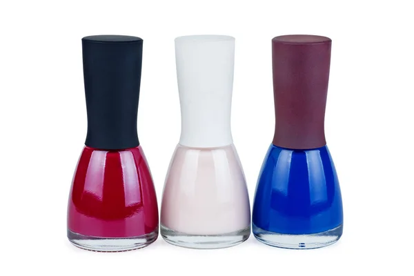 Tres Botellas Con Esmalte Uñas Azul Diferentes Colores Aislados Sobre —  Fotos de Stock
