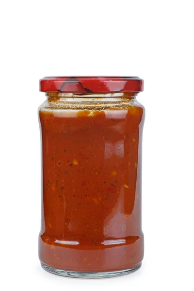 Botella Vidrio Con Tomate Picante Sobre Fondo Blanco — Foto de Stock