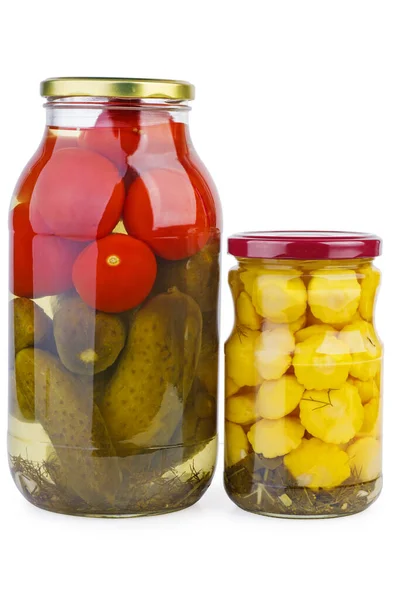 Glass Jars Pickled Tomatoes Cucumbers Custard Squashes Isolated White Background — Stock Photo, Image