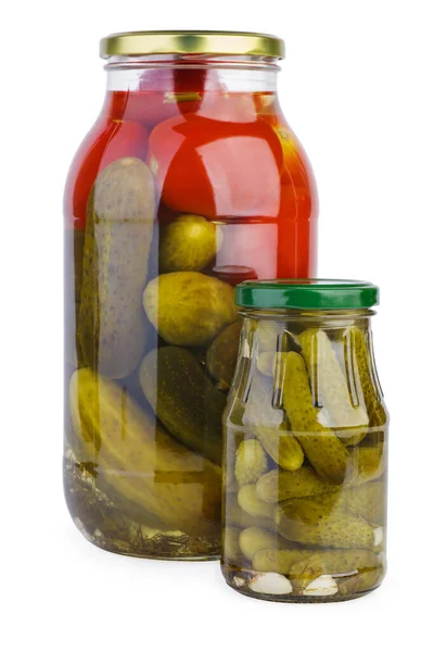 Glass Jars Pickled Tomatoes Cucumbers White Background — Stock Photo, Image