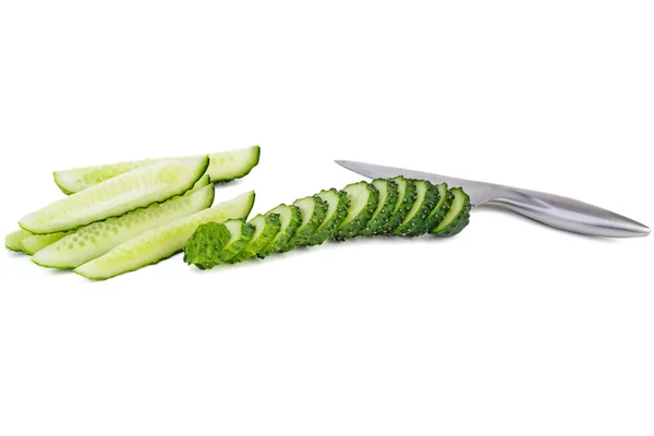 Sliced Cucumbers Knife Isolated White Background — стоковое фото