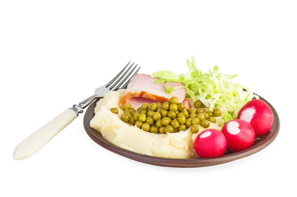 Kartoffelpüree Mit Schinken Und Gemüse Isoliert Auf Weißem Hintergrund — Stockfoto