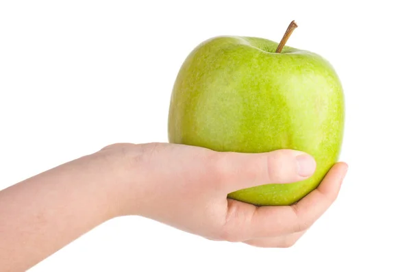 Hand Hold Big Green Apple Isolated White Background — Stockfoto