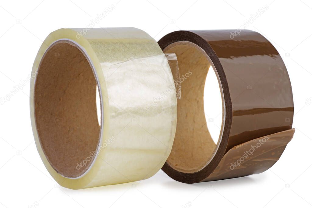 Transparent and brown sticky tapes isolated on white background