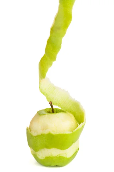 Ξεφλουδισμένο Πράσινο Μήλο Απομονωμένο Λευκό Φόντο — Φωτογραφία Αρχείου
