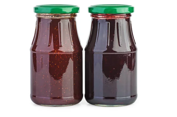 玻璃瓶与草莓和黑醋栗果酱隔离在白色的背景 — 图库照片