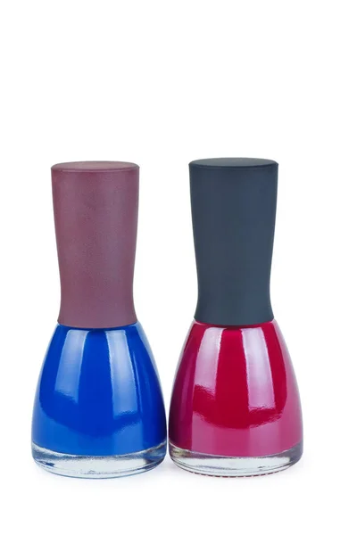 Flaskor Med Blå Och Lila Nagellack Isolerad Vit Bakgrund — Stockfoto