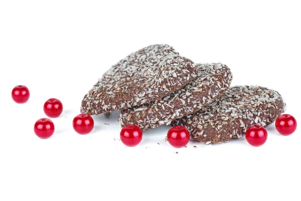 Three Heart Shaped Chocolate Cakes Red Beads Isolated White Background — Stok fotoğraf